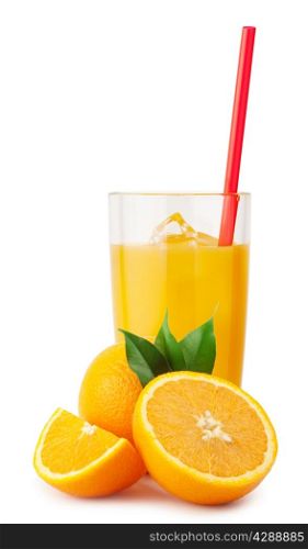 Orange juice with ice and oranges isolated on white background