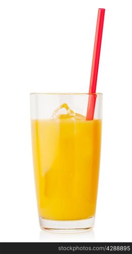 Orange juice with ice and straw isolated on white background