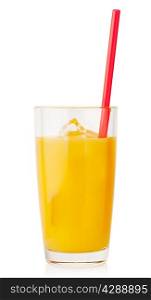 Orange juice with ice and straw isolated on white background