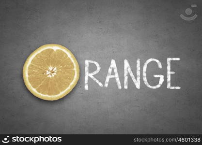 Orange juice. Word orange with slice of orange fruit instead of letter O