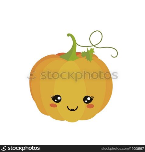 Orange kawaii pumpkin isolated on white background. Cartoon flat style. Vector illustration