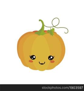Orange kawaii pumpkin isolated on white background. Cartoon flat style. Vector illustration