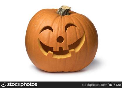 Orange kind smiling Halloween pumpkin isolated on white background