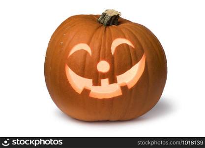 Orange kind smiling illuminated Halloween pumpkin isolated on white background