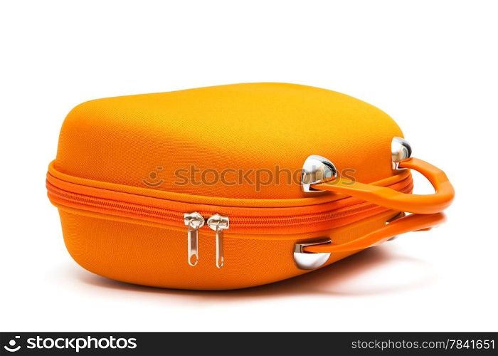 orange large suitcase on a white background