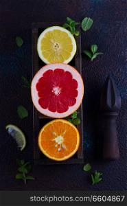 Orange, lemon and grapefruit slices with citrus reamer on dark background. Orange, lemon and grapefruit