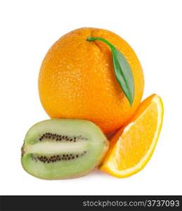 Orange, lemon and kiwi slices isolated on white background