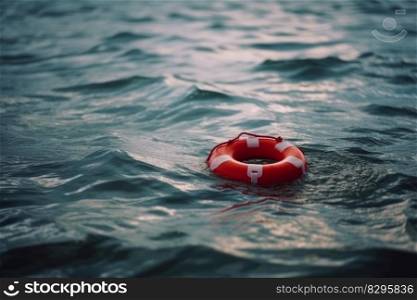 orange life buoy in the sea water generative ai.