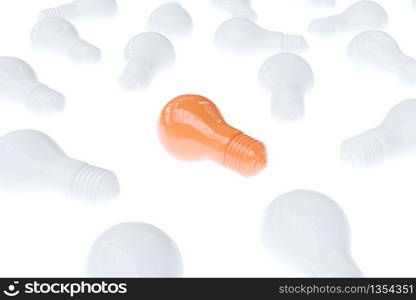 Orange Light bulb Among White Light bulbs on white background. Ideas Concept. 3D Render.