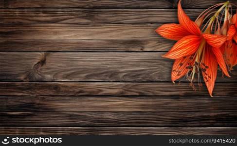 Orange lily flower on a wooden background. Place for text.