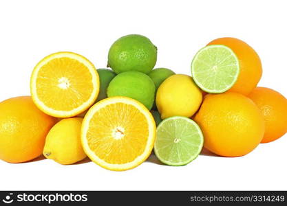 Orange, limes and lemon citrus fruits isolated on white background