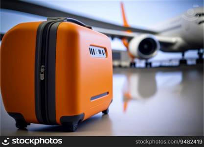 Orange luggage or suitcase in the airport departure lounge, airplane in the blurred background created by AI