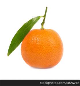 Orange mandarin with green leaf isolated on white background