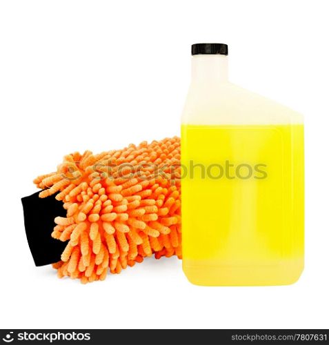 Orange mitten and yellow shampoo in the bottle for washing the car isolated on white background