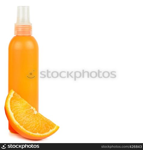 Orange natural cosmetic products: Suntan oil and lotion. Vials isolated on white background. Face and body skin care. Free space for text.
