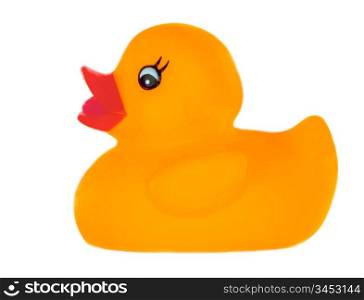 Orange plastic duck a over white background