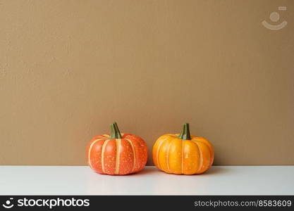 Orange pumpkin on table with copy space for banner background. Happy Halloween day, Hello October, fall autumn season, Festive, party and holiday concept