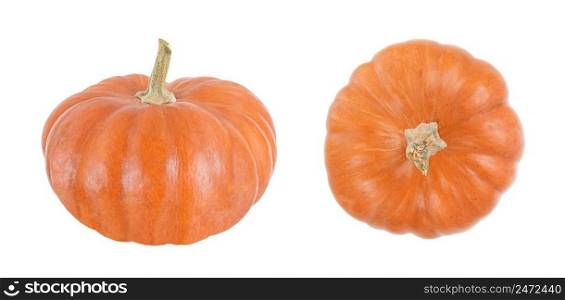 Orange pumpkin with side and top view isolated on white background.. Orange pumpkin with side and top view isolated on a white background.