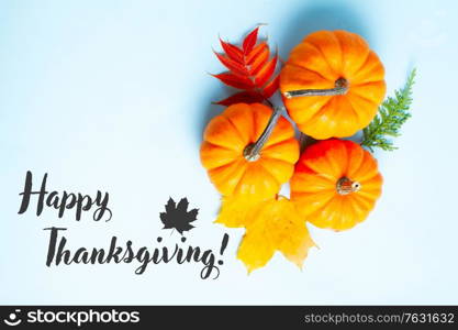 Orange raw pumpkins and leaves on blue background with happy thanksgiving greetings. pumpkin on table