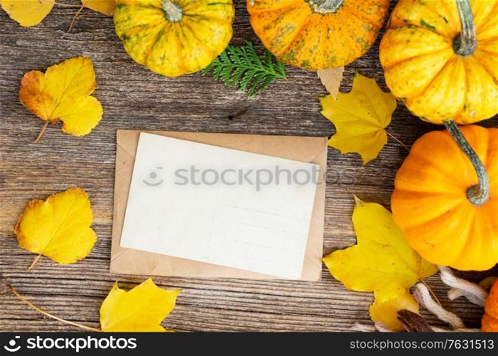 orange raw pumpkins on old wooden textured table, top view frame. pumpkin on table