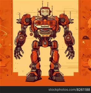 Orange robot. Colorful sketch on white background. Game concept of android. AI generated illustration. Orange robot. AI generated illustration