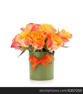 Orange rose bouquet in vase isolated on white background cutout