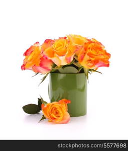 Orange rose bouquet in vase isolated on white background cutout