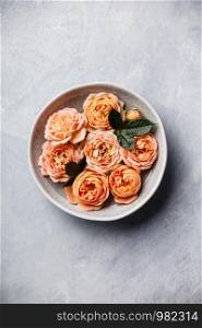Orange roses floating in water on concrete background, SPA and relaxation concept, flat lay