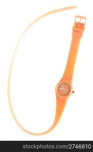 orange rubber and plastic watch with long bracelet (isolated on white background)