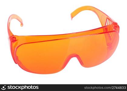 orange safety glasses for patient/other (health equipment to prevent cross infection) isolated on white