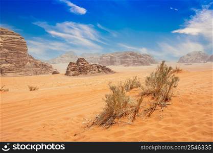 Orange sands, mountains and landscape of Wadi Rum desert, Jordan