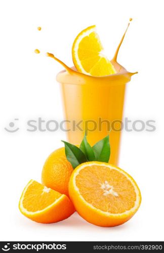 Orange slice splash in smoothie glass or yogurt isolated on white background. Orange slice splash in smoothie glass or yogurt