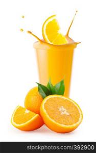 Orange slice splash in smoothie glass or yogurt isolated on white background. Orange slice splash in smoothie glass or yogurt