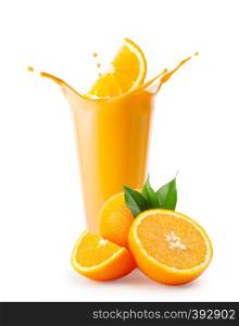 Orange slice splash in smoothie or yogurt isolated on white background. Orange slice splash in smoothie or yogurt