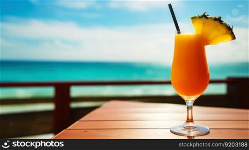 Orange Slide cocktail on background with blue sea and sky tropical background. Generative AI.. Orange Slide cocktail on background with blue sea and sky tropical background. Generative AI