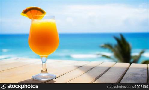 Orange Slide cocktail on background with blue sea and sky tropical background. Generative AI.. Orange Slide cocktail on background with blue sea and sky tropical background. Generative AI
