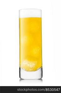 Orange soda drink with ice cubes in highball glass on white.