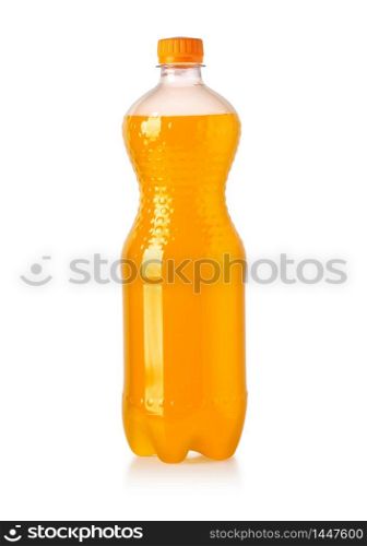 Orange soda pop or soft drink in plastic bottle isolated on white background with clipping path