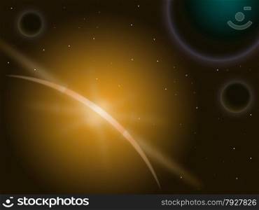 Orange Star Behind Planet Showing Galaxy Atmosphere And Universe