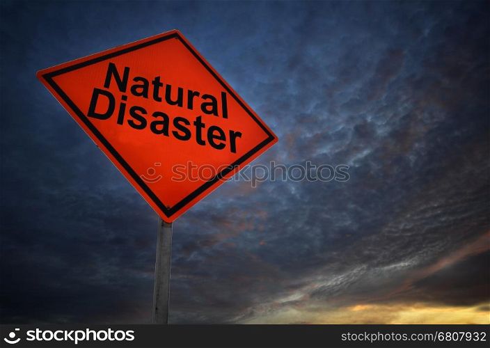 Orange storm road sign of Natural Disaster with dark cloud