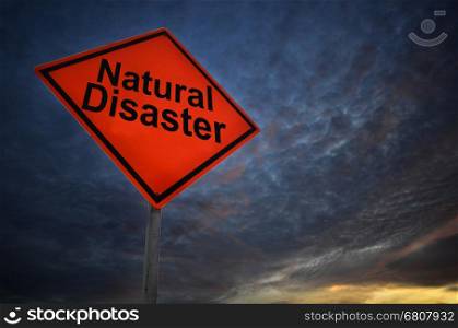 Orange storm road sign of Natural Disaster with dark cloud