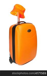 Orange suitcase for travel and a hat