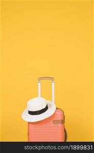 orange suitcase white hat. Resolution and high quality beautiful photo. orange suitcase white hat. High quality beautiful photo concept