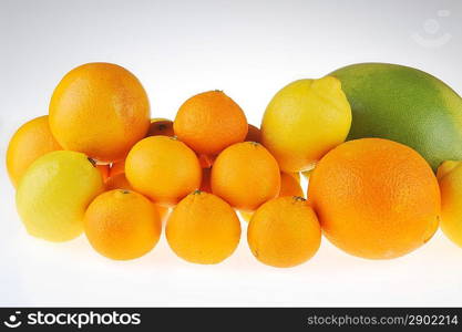 orange, tangerine, lemon and grapefruit on white background