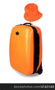 Orange travel case and sun hat from sun