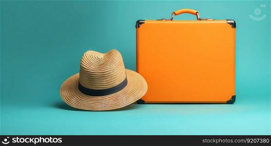 Orange travel suitcase with straw hat, on blue background. Trip concept. Generative AI.. Orange travel suitcase with straw hat, on blue background. Trip concept. Generative AI