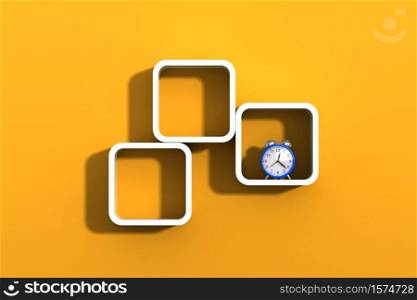 Orange wall with white shelves and blue clock