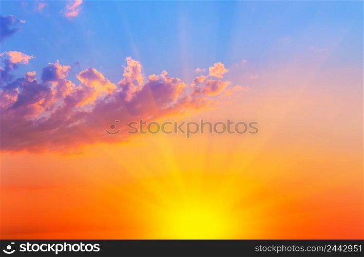 Orange with blue sky with bright sun and clouds. Panorama. Orange with blue sky with bright sun and clouds