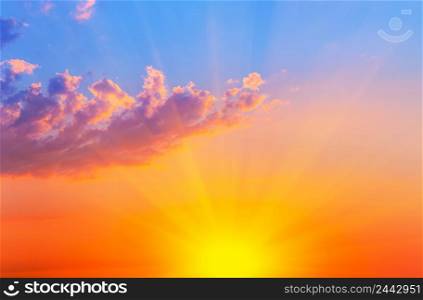 Orange with blue sky with bright sun and clouds. Panorama. Orange with blue sky with bright sun and clouds