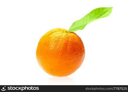 orange with green leaf isolated on white
